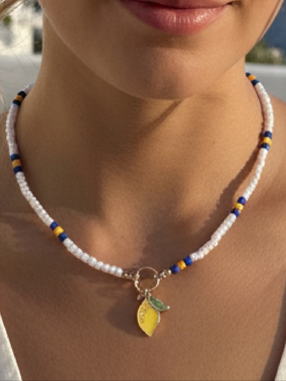 Spring-Summer Necklace with Lemon charm White With Blue & Yellow